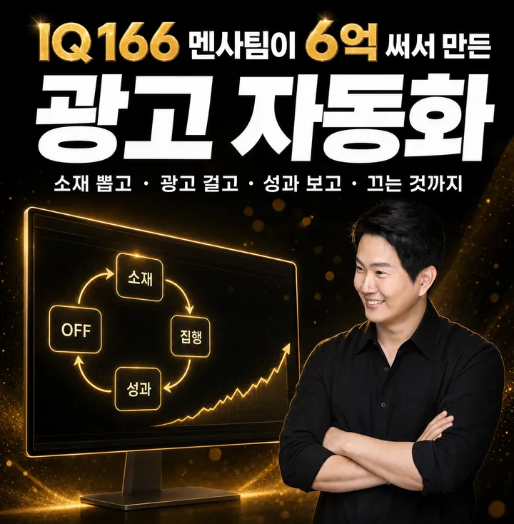 IQ 166 멘사팀이 6억 써서 만든 광고 자동화 — 소재 뽑고, 광고 걸고, 성과 보고, 끄는 것까지. 모니터에 소재 · 집행 · 성과 · OFF 가 도는 그림과 오르는 그래프, 옆에 팔짱 낀 엘런 추진오